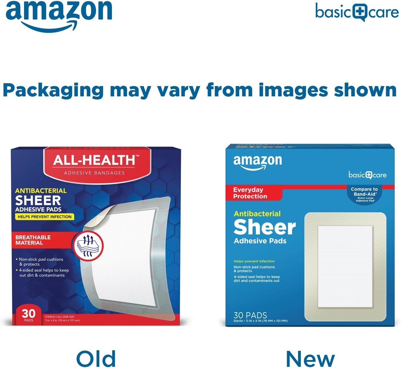 Amazon Basics Antibacterial Sheer Adhesive Pad Bandages, Extra Large Non-Stick Pad, Helps Prevent Infection, First Aid & Wound Care Protection, 30 Count (3x4 inches) (Previously Amazon Basic Care) - Image 2