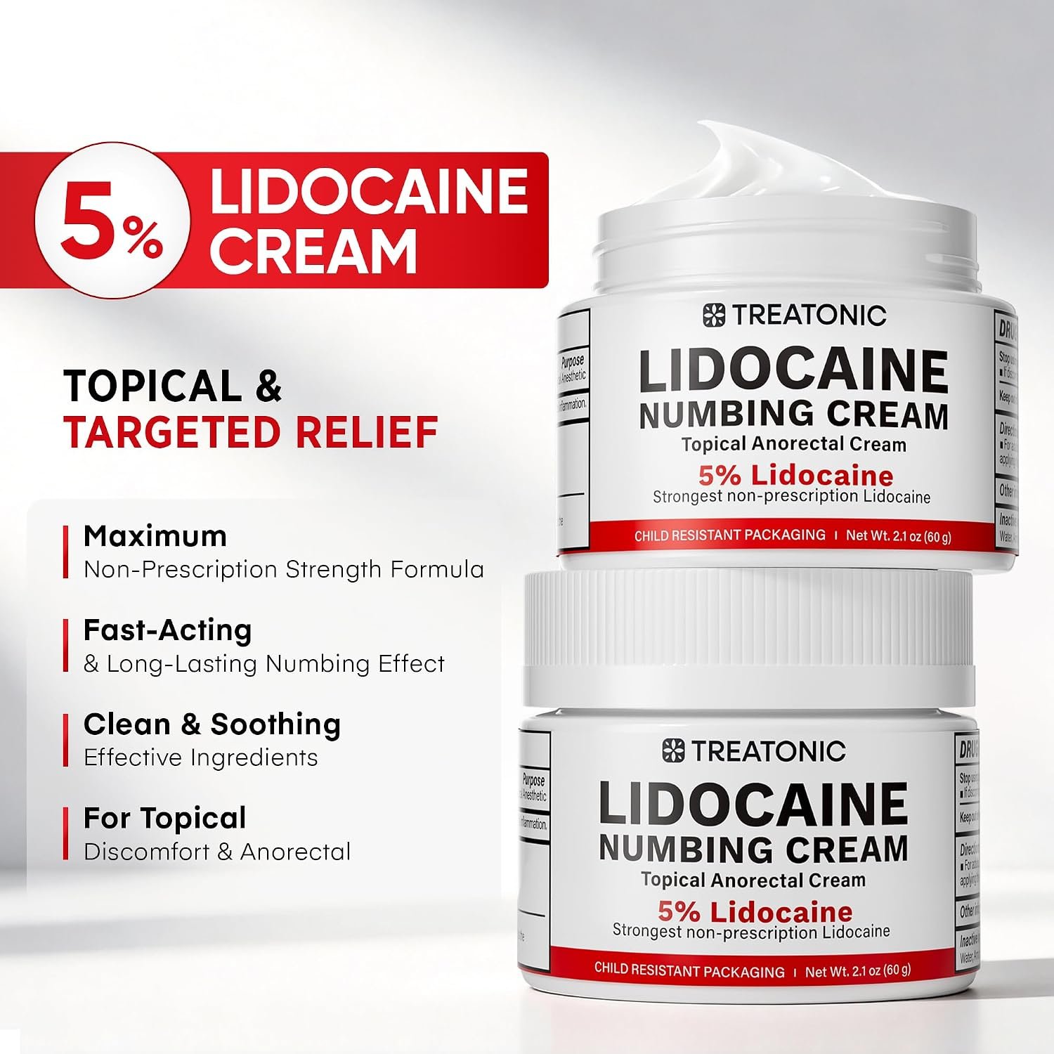 Treatonic 5% Lidocaine Numbing Cream: Lidocaine Cream Maximum Strength for Pain Relief, Itching, Burning, Soreness, Hemorrhoid Treatment - Fast Acting & Long Lasting Numbing - 2.1 oz - Image 2