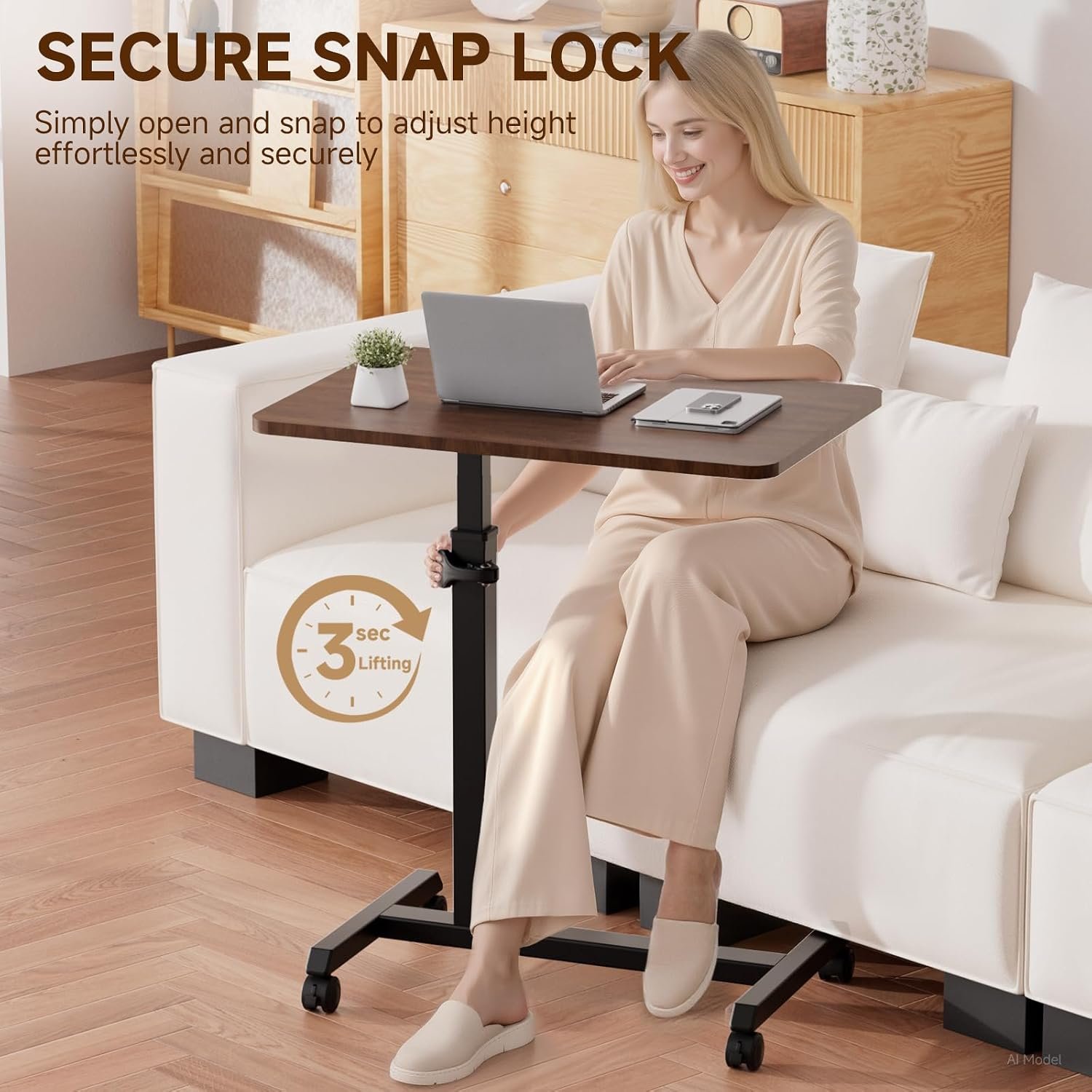 COMHOMA Adjustable Overbed Bedside Table with Lockable Wheels, Foldable Mobile Rolling Laptop Desk, Height Adjustable Standing Desk Bed Table for Hospital and Home Use, Walnut - Image 5