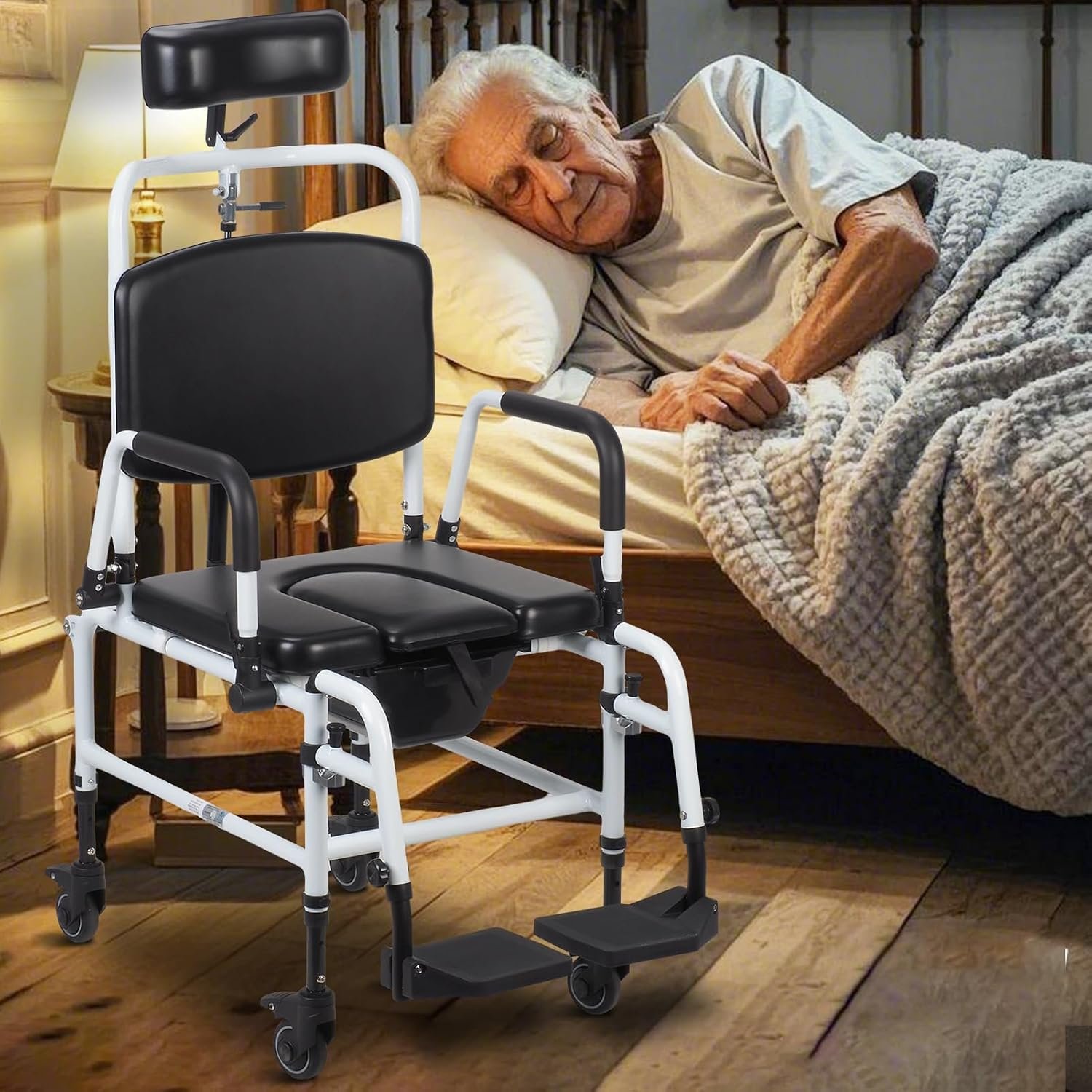 Reclining Shower Chair with Wheels | Commode Wheelchair for Seniors, Disabled, Bariatric & Handicap - Padded Transfer Rolling Chairs with Adjustable Commode Wheelchair Black White - Image 5