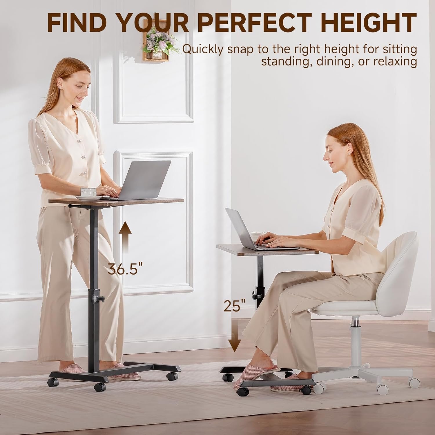 COMHOMA Adjustable Overbed Bedside Table with Lockable Wheels, Foldable Mobile Rolling Laptop Desk, Height Adjustable Standing Desk Bed Table for Hospital and Home Use, Walnut - Image 4