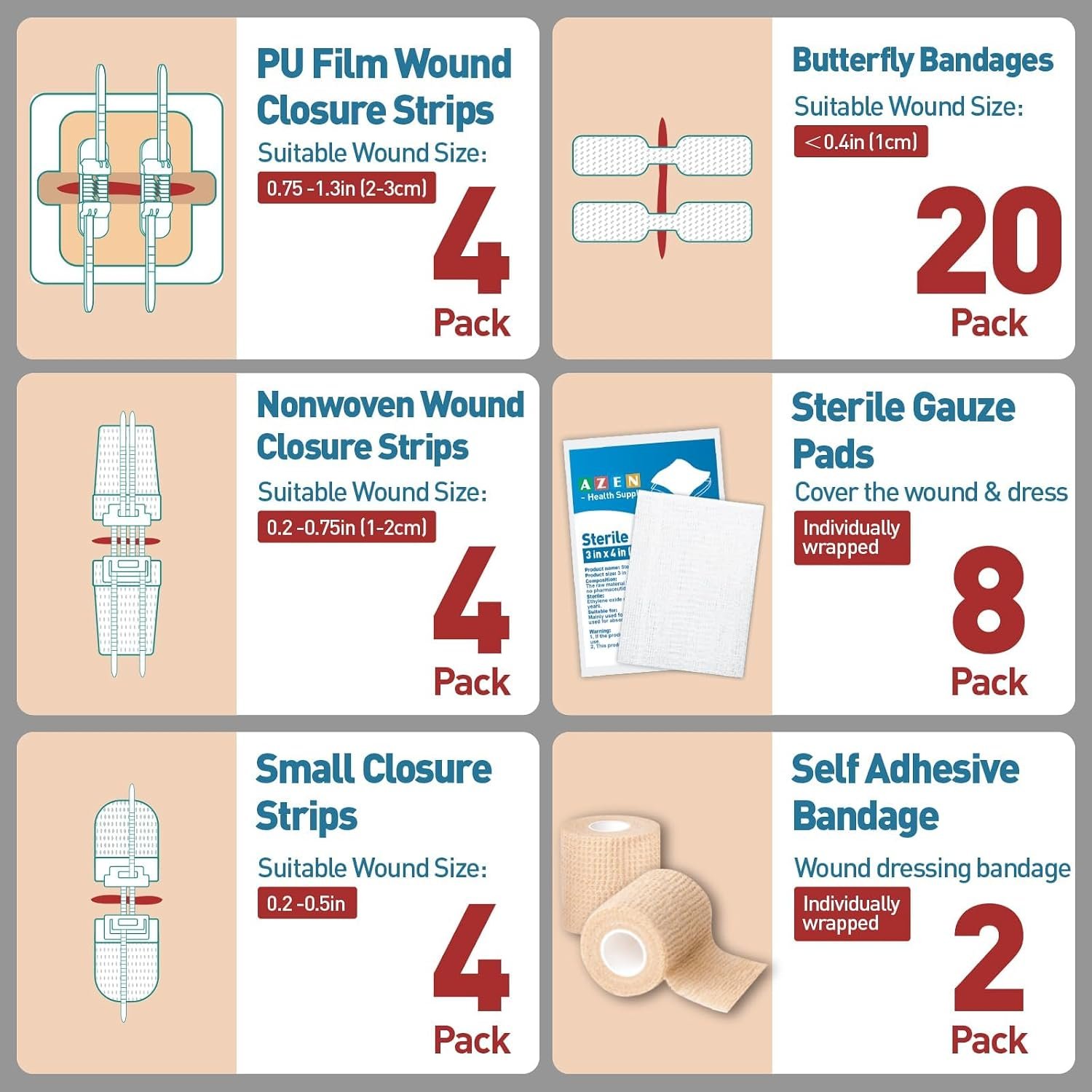 AZEN 42 Pack Wound Closure Strips, 4 Types Butterfly Bandages, Emergency Laceration Closure Kit, Repair Wounds Without Stitches, Quick Clot Zip Stitch Wound Closures Device - Image 2