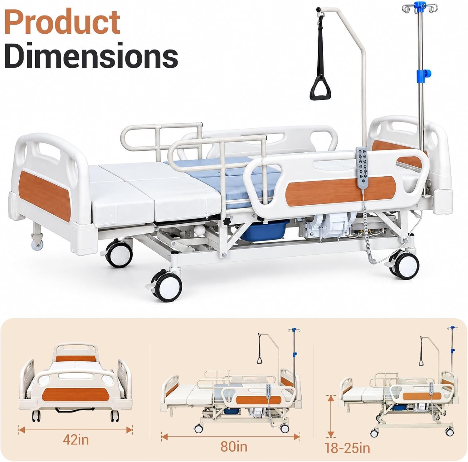 10-in-1 Full Electric Hospital Bed for Home Use, Auto Turning Medical Bed with Adjustable Height, Back, Knee & Leg Positions, Built-in Commode, 3.15" Mattress, IV Pole, Overbed Table, 550 lbs - Image 4