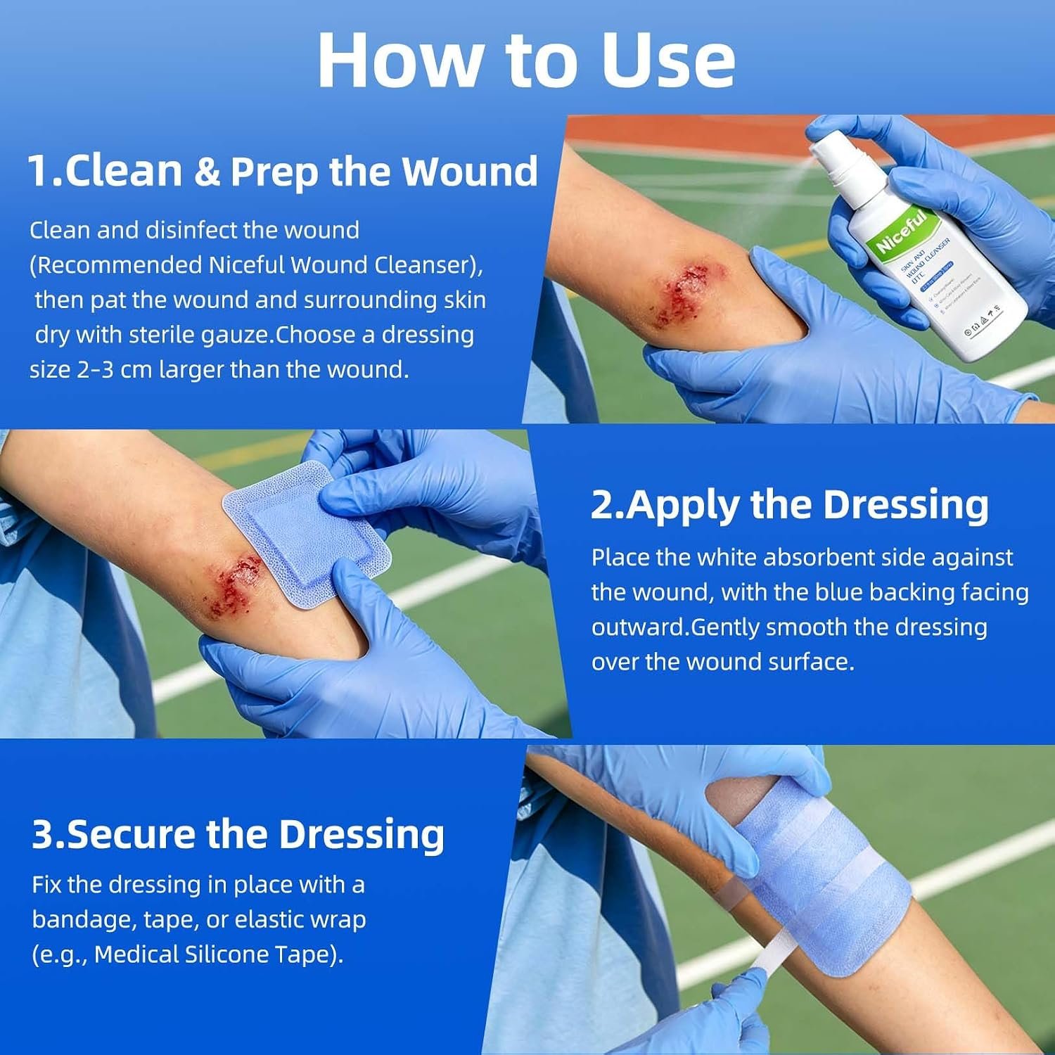 Niceful Super Absorbent Wound Dressing 5" x 5" (10 Pcs) – Sterile Non Stick Gauze Pads for Wound Care, Heavy Exudate Large Bandages for Pressure Ulcers, Bedsores, Diabetic Foot Ulcers - Image 7