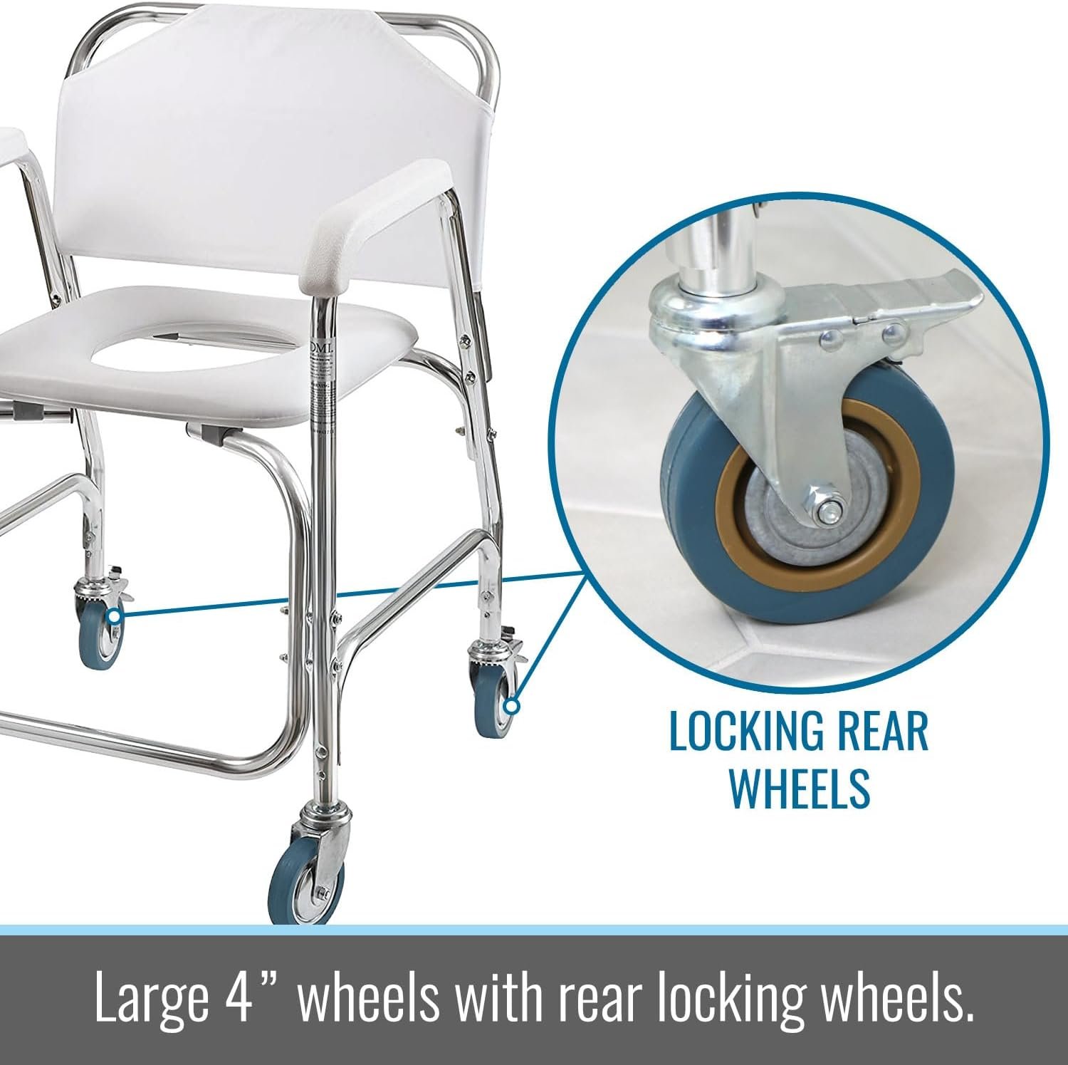 DMI Rolling Shower Chair, Commode, Transport Chair, FSA Eligible, Rolling Bathroom Wheelchair for Handicap, Elderly, Injured or Disabled, 250 Lb. Weight Capacity, Aluminum Frame, White - Image 6