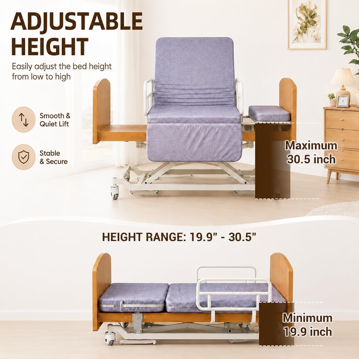 Extra-Wide 43.3" Rotating Electric Hospital Bed for Home Use, 90° Sit-to-Stand Nursing Medical Bed for Seniors & Disabled, Adjustable Height, Backrest & Leg Rest, 550 lbs Capacity, 3.15'' Mattress - Image 4