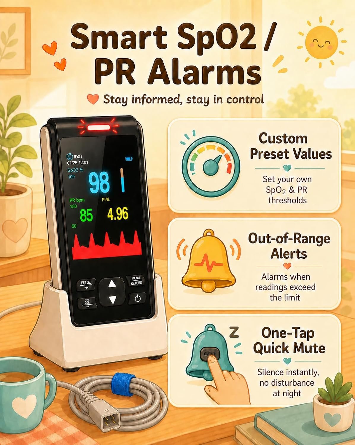 Pulse Oximeter Fingertip Handheld Pulse Oximeter Overnight Blood Oxygen Saturation Monitor for SpO2 and Pulse Rate Continuous Monitoring Monitor & Adult Finger Spot - Image 5