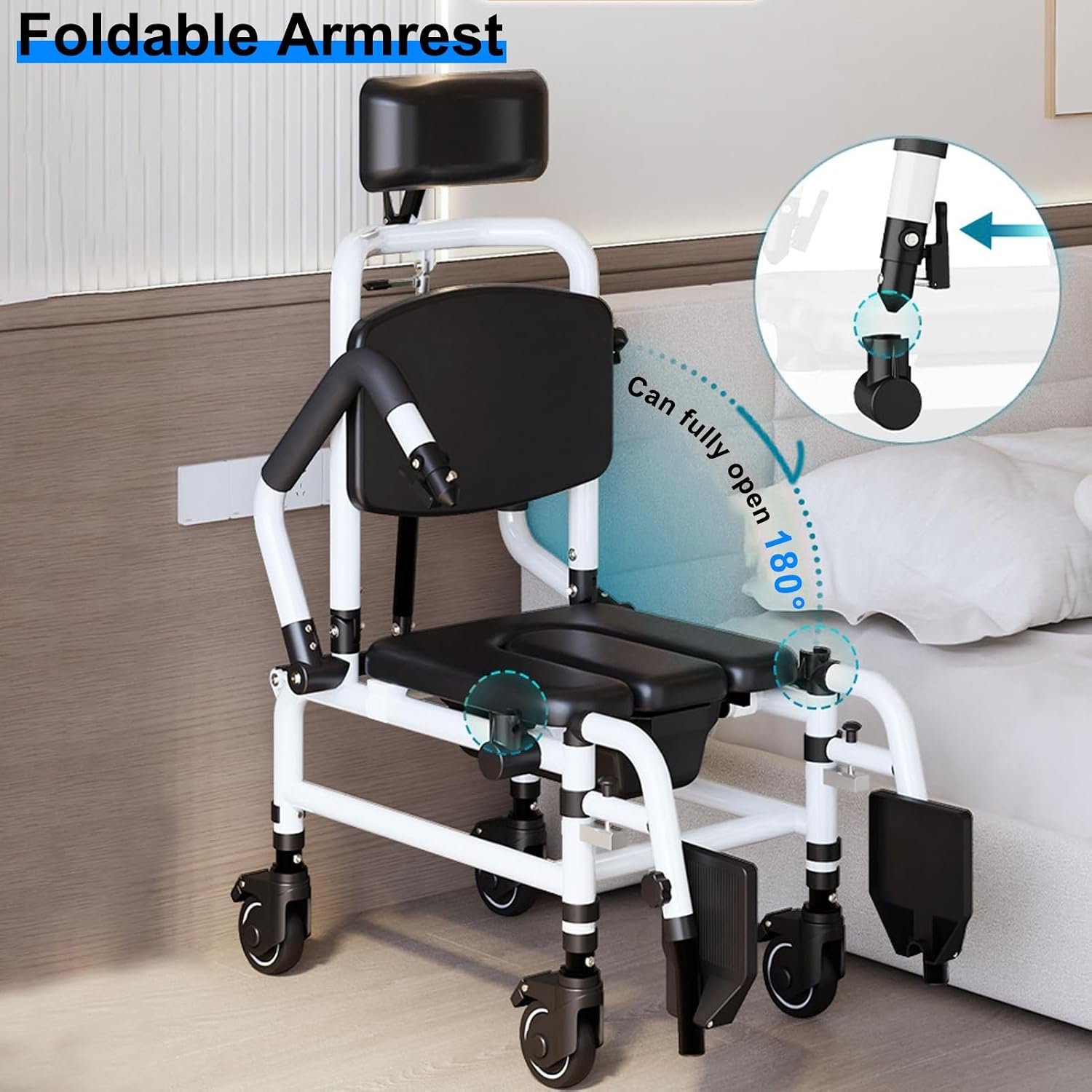 Reclining Shower Chair with Wheels | Commode Wheelchair for Seniors, Disabled, Bariatric & Handicap - Padded Transfer Rolling Chairs with Adjustable Commode Wheelchair Black White - Image 4