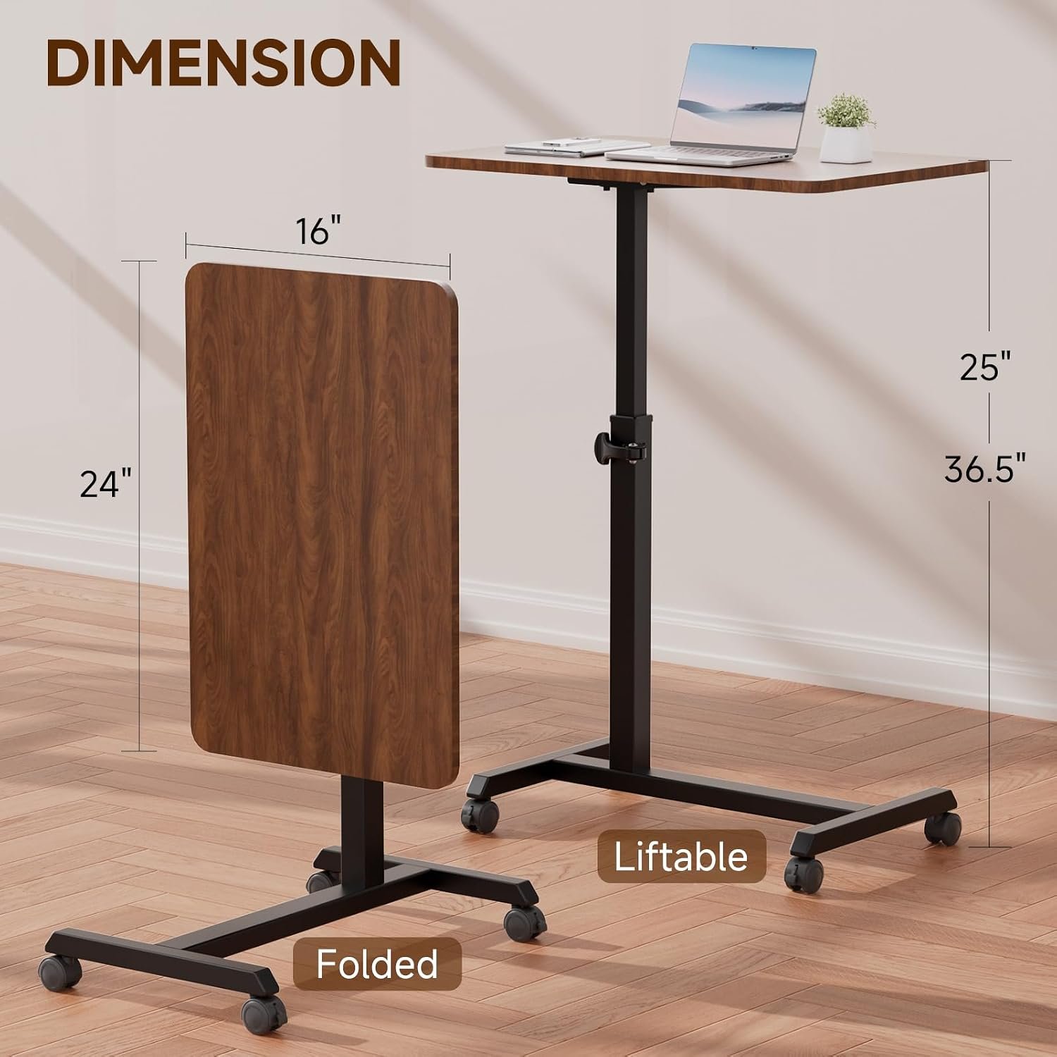 COMHOMA Adjustable Overbed Bedside Table with Lockable Wheels, Foldable Mobile Rolling Laptop Desk, Height Adjustable Standing Desk Bed Table for Hospital and Home Use, Walnut - Image 3