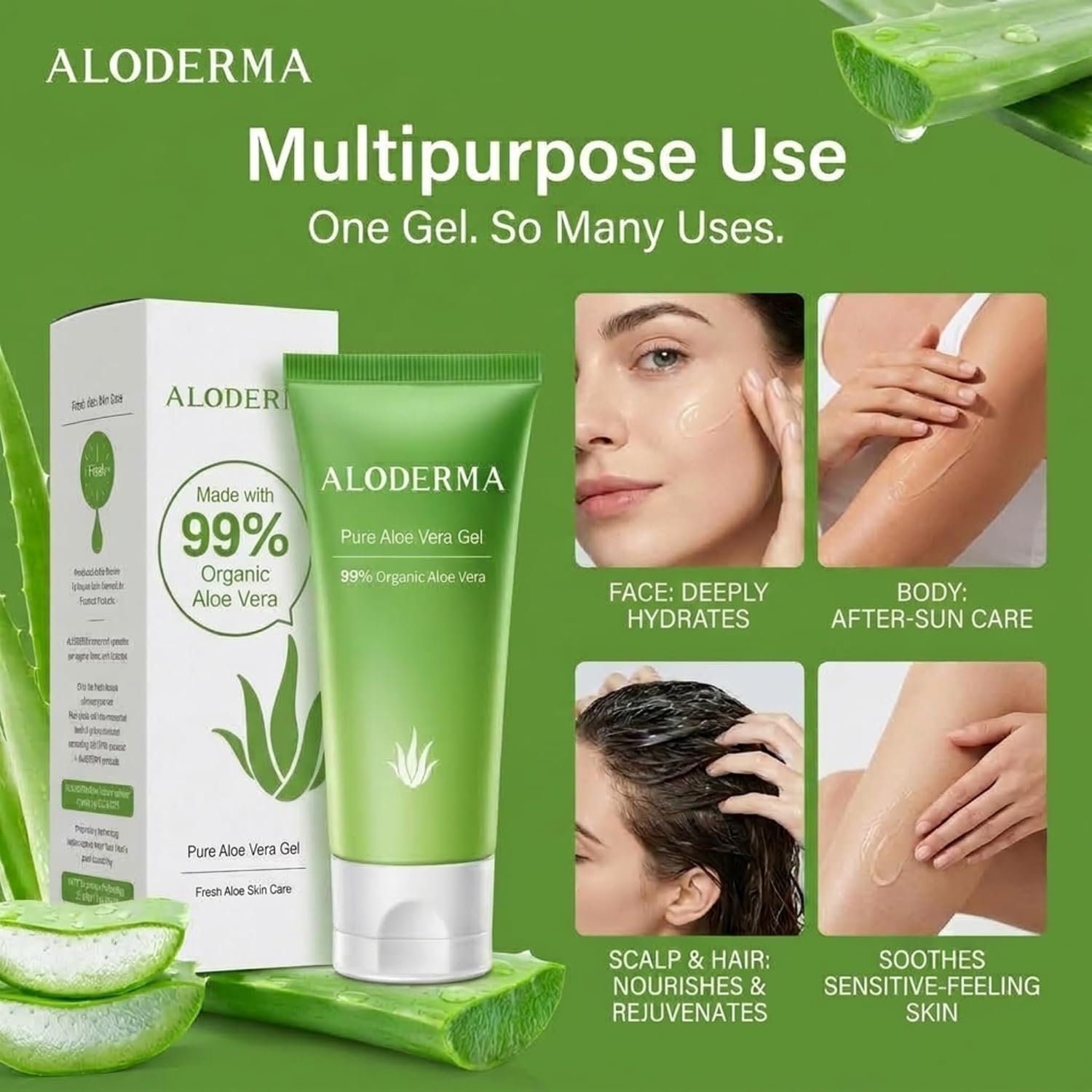 Aloderma Travel Size Aloe Vera Gel Made within 12 Hours of Harvest with 99% Pure Organic Aloe Vera for Body, Face, & Scalp - Hydrating & Soothing Gel for After Sun Care - 1.5oz Squeeze Tube - Image 6