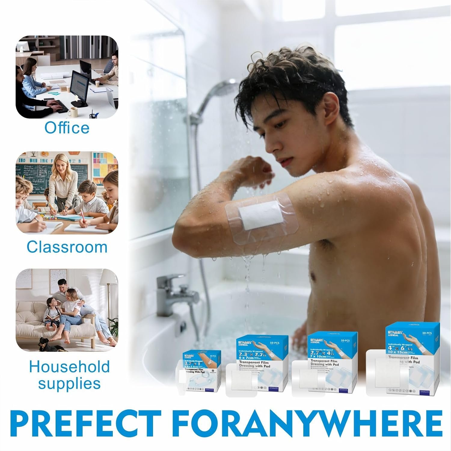 Waterproof Transparent Film Dressing with Absorbent Pad 50-Pack Sterile Adhesive Bandages Post-Surgical Wound Cover, Protective Barrier for Sensitive Skin (2.7‘’x4‘’) - Image 4