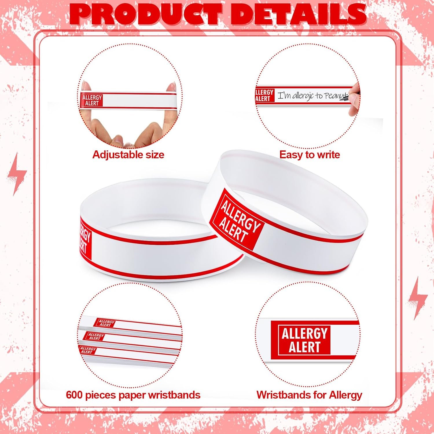 600 Pcs Red Allergy Bracelets Alert Warning Paper Wristbands Disposable Hospital Patient Bracelets ID Wristbands for Allergy Alert Identification Bands for Sports - Image 3