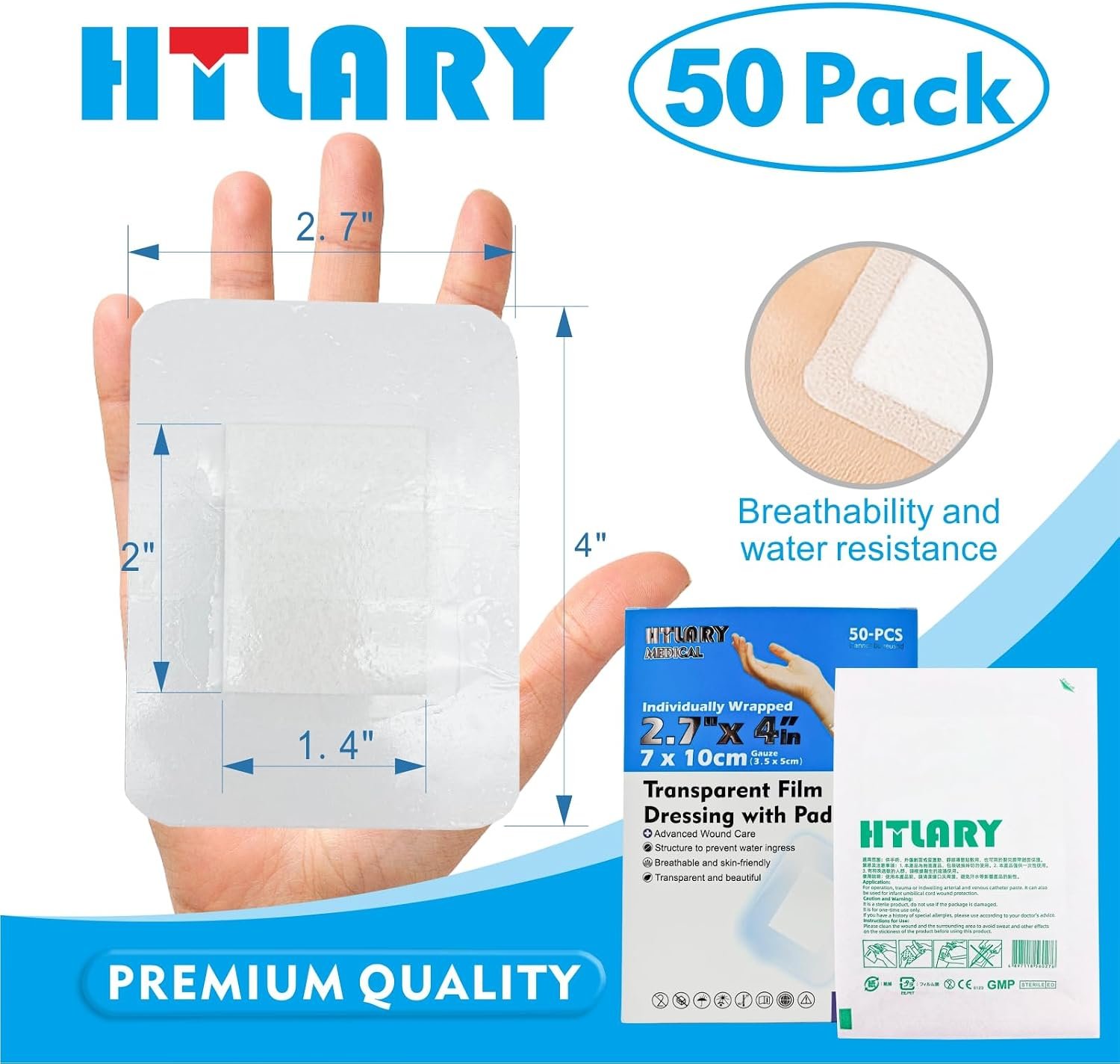 Waterproof Transparent Film Dressing with Absorbent Pad 50-Pack Sterile Adhesive Bandages Post-Surgical Wound Cover, Protective Barrier for Sensitive Skin (2.7‘’x4‘’) - Image 2