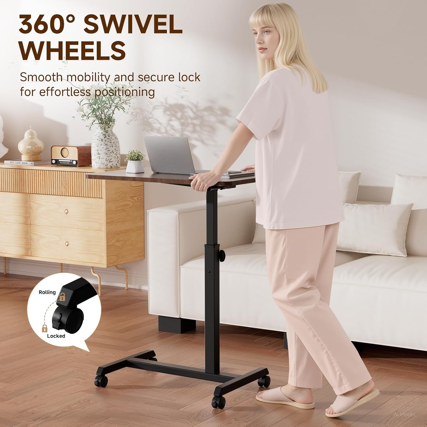 COMHOMA Adjustable Overbed Bedside Table with Lockable Wheels, Foldable Mobile Rolling Laptop Desk, Height Adjustable Standing Desk Bed Table for Hospital and Home Use, Walnut - Image 7
