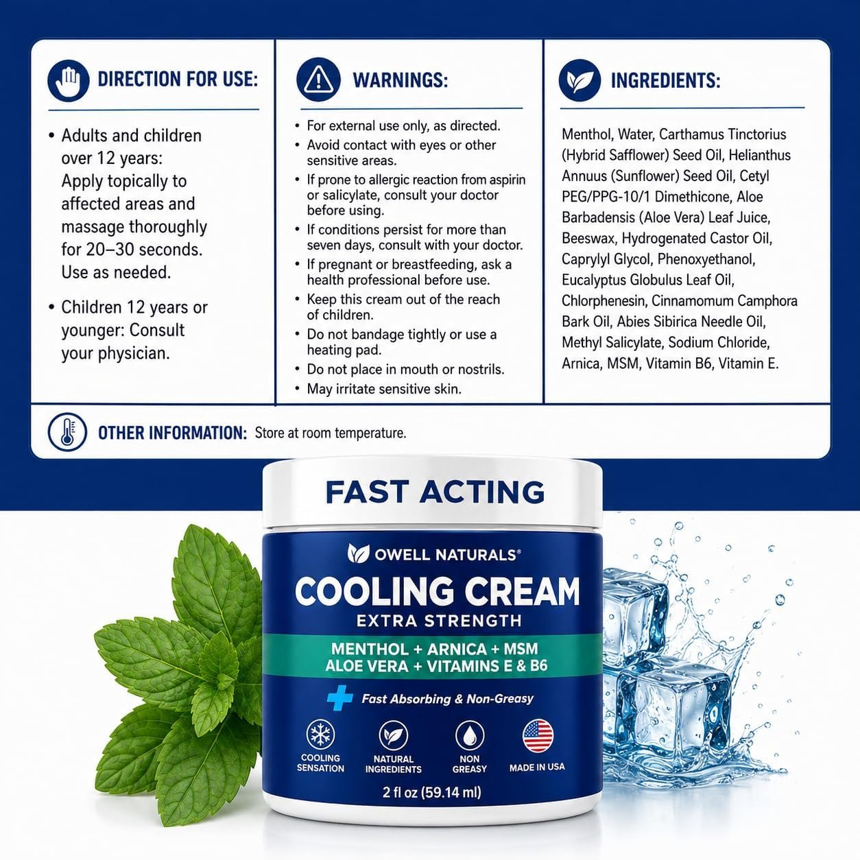Owell Naturals Extra Strength Cooling Cream – Fast Absorbing Formula with Menthol, Aloe Vera, Arnica, MSM & Vitamin B6 – For Feet, Legs & Hands – Made in USA, 2 fl oz - Image 8