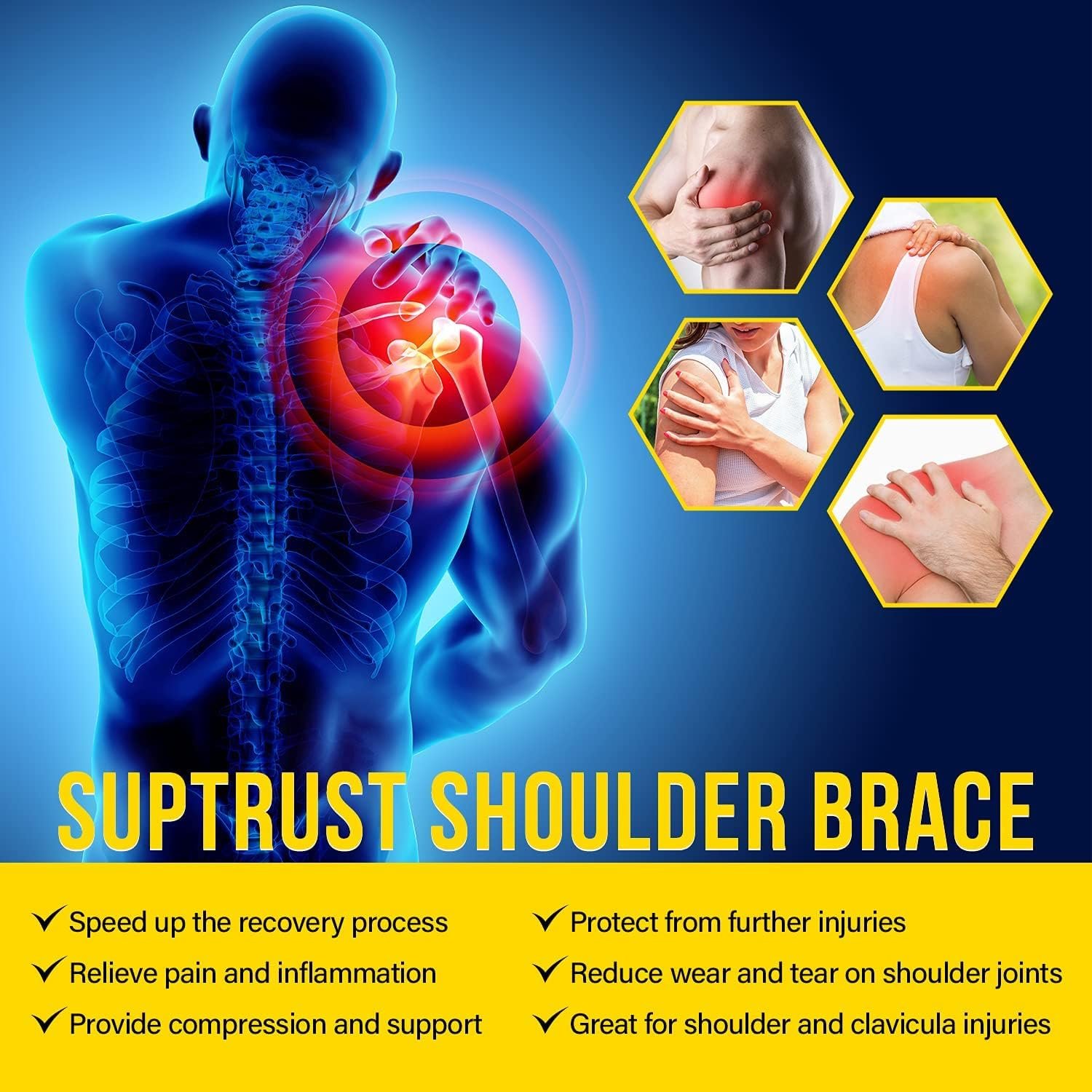 Suptrust Shoulder Brace for Men & Women: Adjustable Shoulder Wrap for Pain Relief, AC Joint, Torn Rotator Cuff, Injuries & Tendonitis - One Size Regular - Image 2