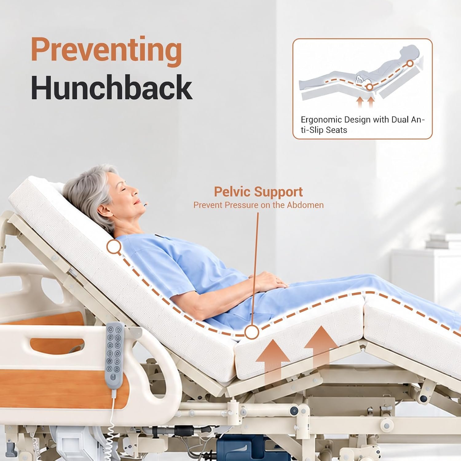 10-in-1 Full Electric Hospital Bed for Home Use, Auto Turning Medical Bed with Adjustable Height, Back, Knee & Leg Positions, Built-in Commode, 3.15" Mattress, IV Pole, Overbed Table, 550 lbs - Image 7