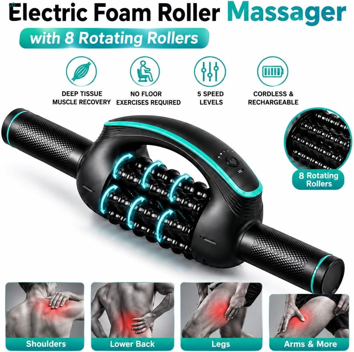 Electric Foam Roller Massager with 8 Rotating Rollers, Deep Tissue Muscle Recovery Roller for Back, Neck, Legs & Shoulders, Rechargeable Rolling Massager for Fitness Recovery and Daily Relaxation - Image 5