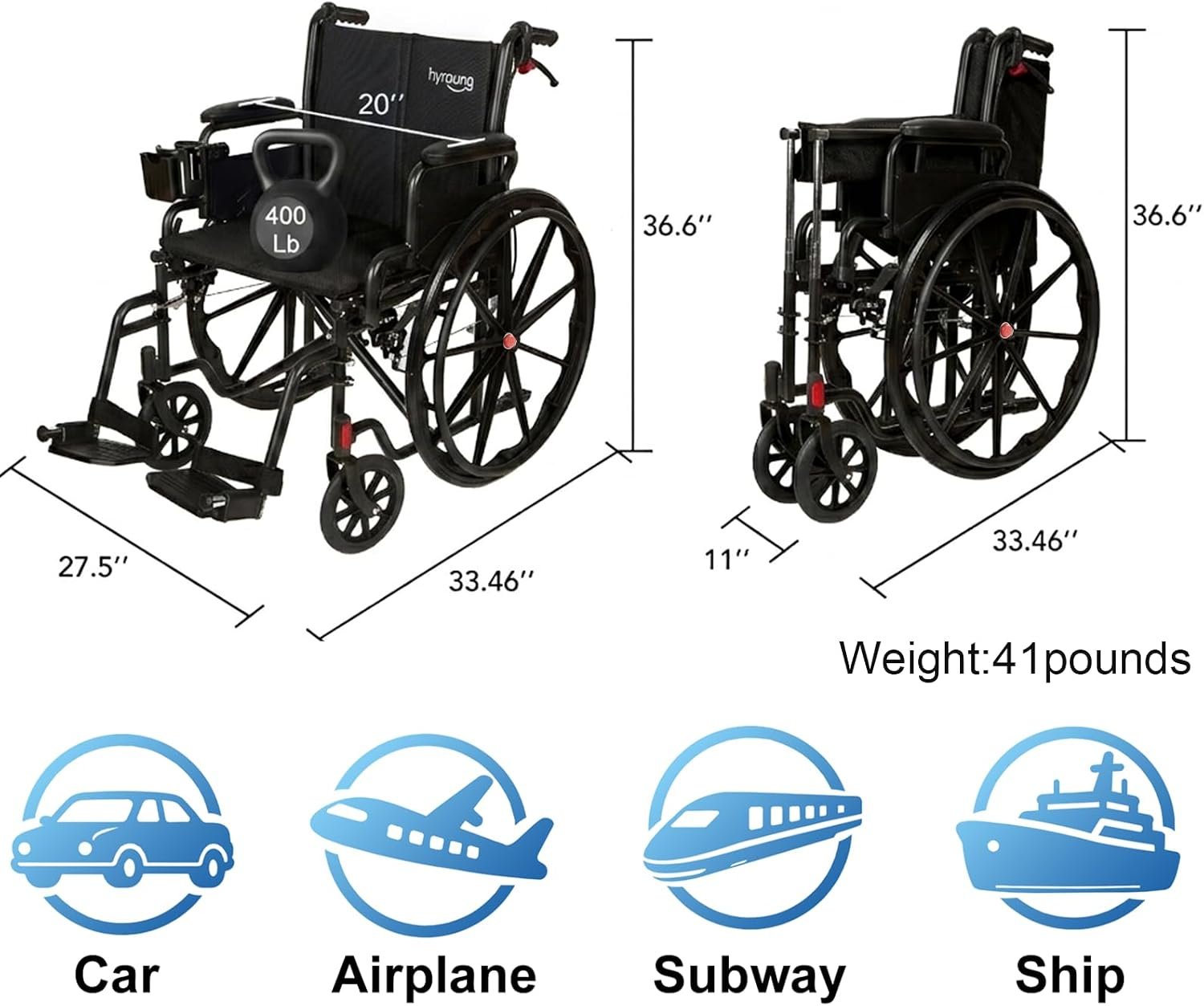 Wheel Chair 400 lb Capacity Drive Wheelchair Transport Chair Manual Wheelchair Wheelchairs for Adults Foldable with Cup Holder Movable handrails, Foot Pedals - Image 3