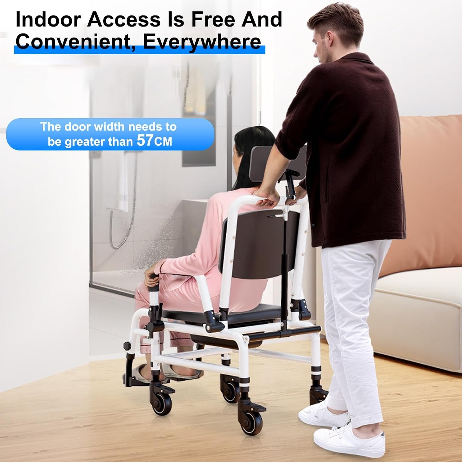 Reclining Shower Chair with Wheels | Commode Wheelchair for Seniors, Disabled, Bariatric & Handicap - Padded Transfer Rolling Chairs with Adjustable Commode Wheelchair Black White - Image 6