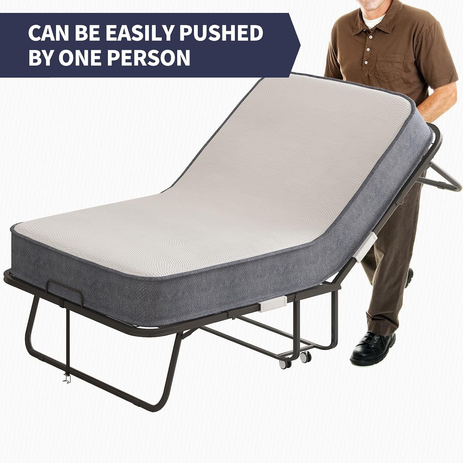 Folding Bed, 75" x 51" Rollaway Bed with 5" Thick Memory Foam Mattress for Adults, Queen Size Fold Up Roll Away Sleeping Beds, Space-Saving Foldable Portable Guest Beds with Sturdy Metal Frame - Image 9