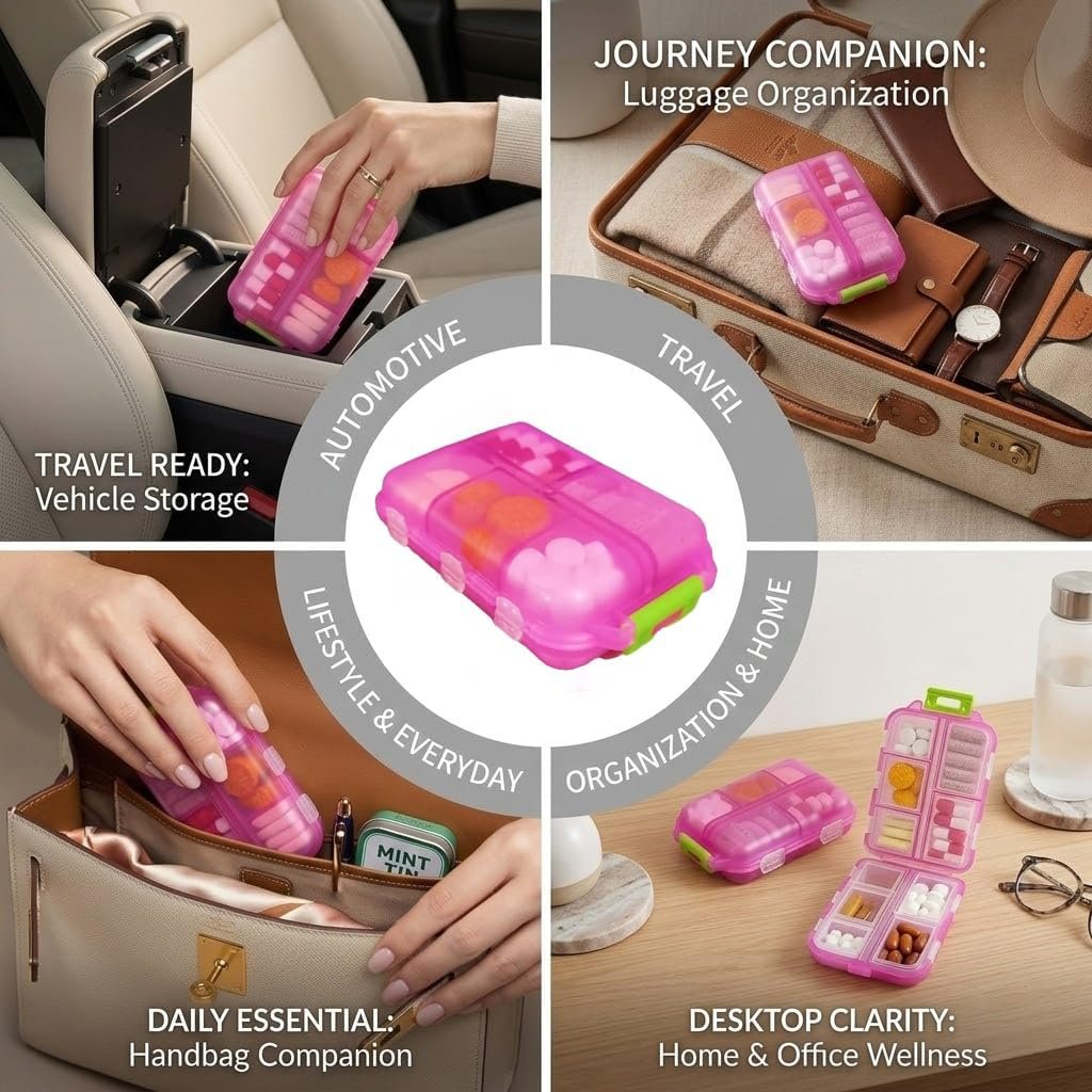 Pill Organizer with 161 Medicine Labels, Daily Travel Pill Case (Pink) - Image 3