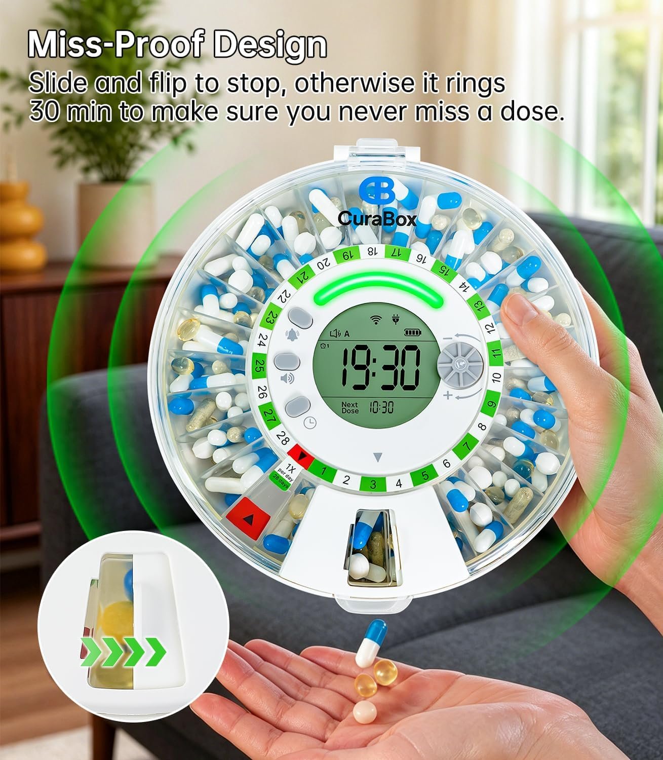 28 Day Bluetooth Automatic Pill Dispenser for Elderly with Alarm, Key Lock, Removable Tray, Clear LCD, 8 Dosage Rings & Adherence Tracking, Moisture-Proof Medication Organizer for Seniors Caregivers - Image 7