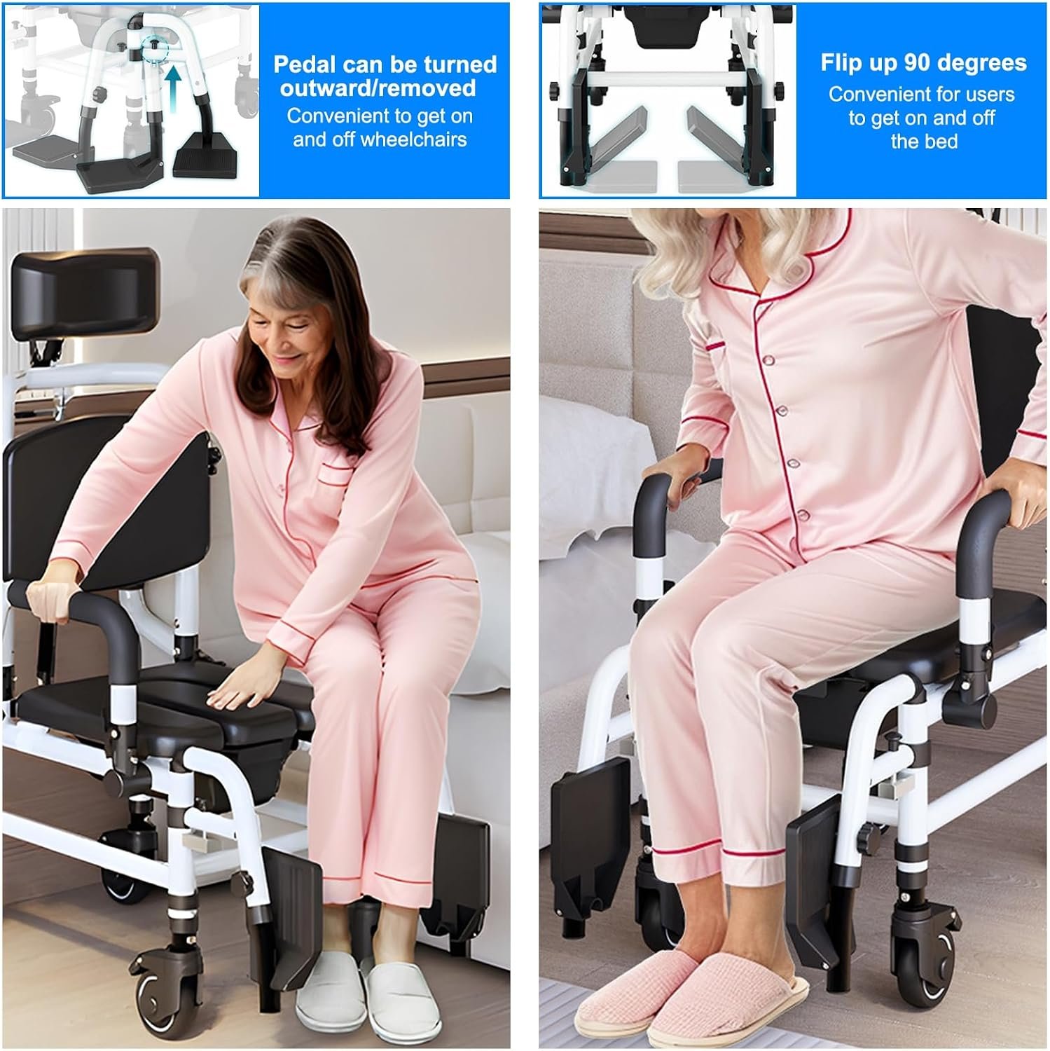Reclining Shower Chair with Wheels | Commode Wheelchair for Seniors, Disabled, Bariatric & Handicap - Padded Transfer Rolling Chairs with Adjustable Commode Wheelchair Black White - Image 2