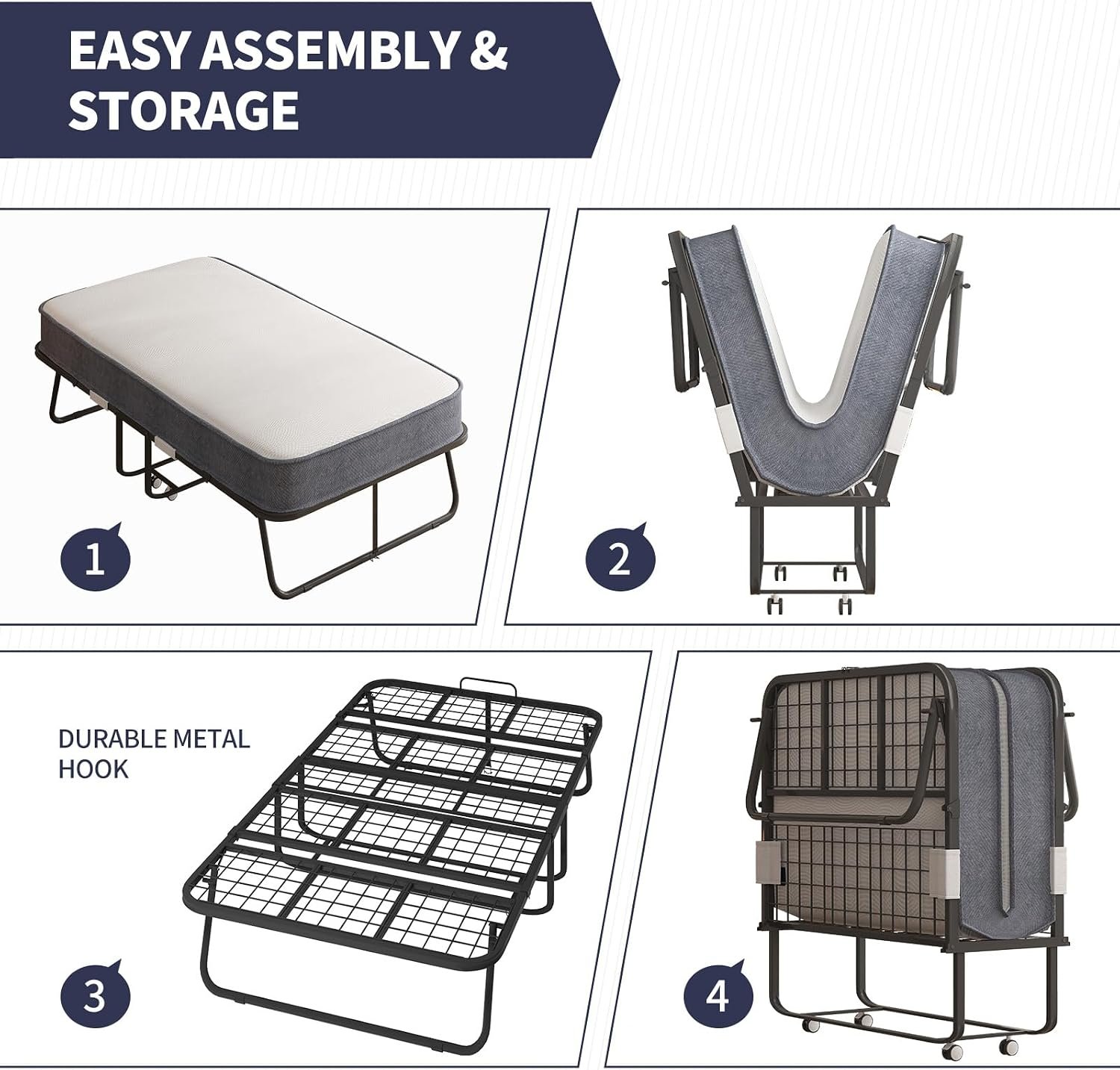 Folding Bed, 75" x 51" Rollaway Bed with 5" Thick Memory Foam Mattress for Adults, Queen Size Fold Up Roll Away Sleeping Beds, Space-Saving Foldable Portable Guest Beds with Sturdy Metal Frame - Image 3