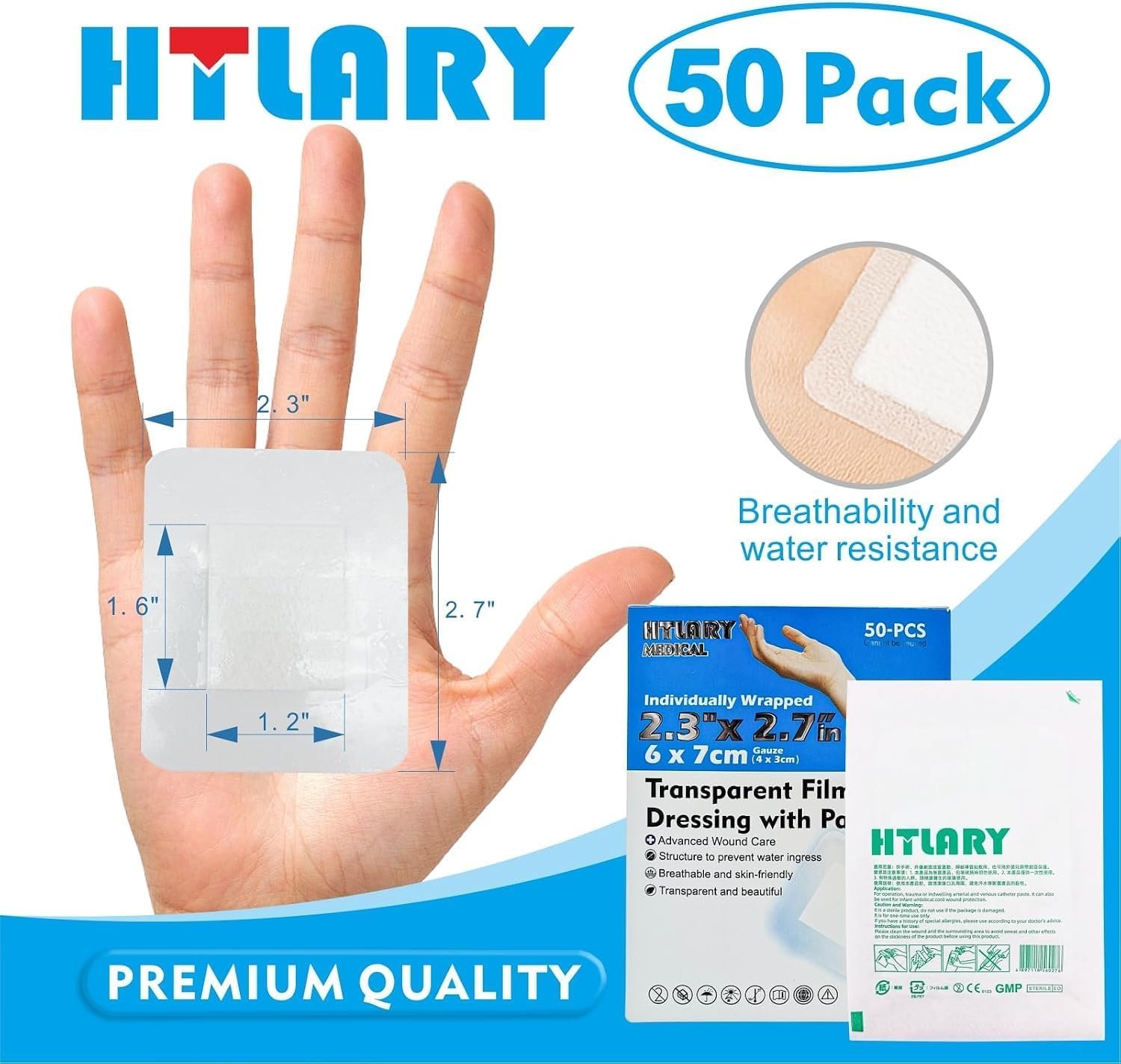 Waterproof Transparent Film Dressing with Absorbent Pad 50-Pack Sterile Adhesive Bandages Post-Surgical Wound Cover, Protective Barrier for Sensitive Skin (2.3‘’x2.7‘’) - Image 2