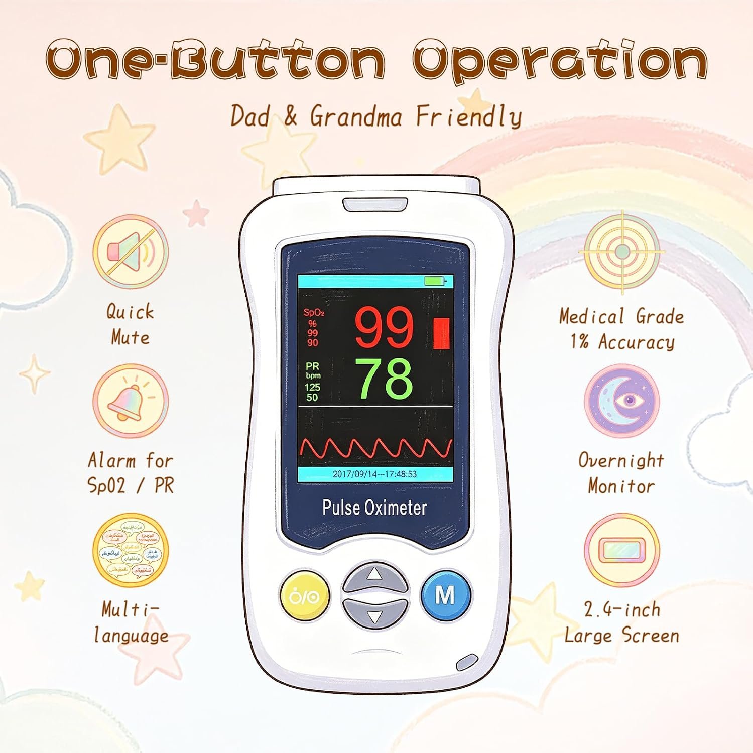 Continuous Pulse Oximeter Fingertip for Baby, Medical Grade Accuracy Oximeters Handheld Fast Spo2 Reading Kids Overnight Pulse Oximeters Pediatric Pulse Oxi with Heart Rate and Alarm - Image 3