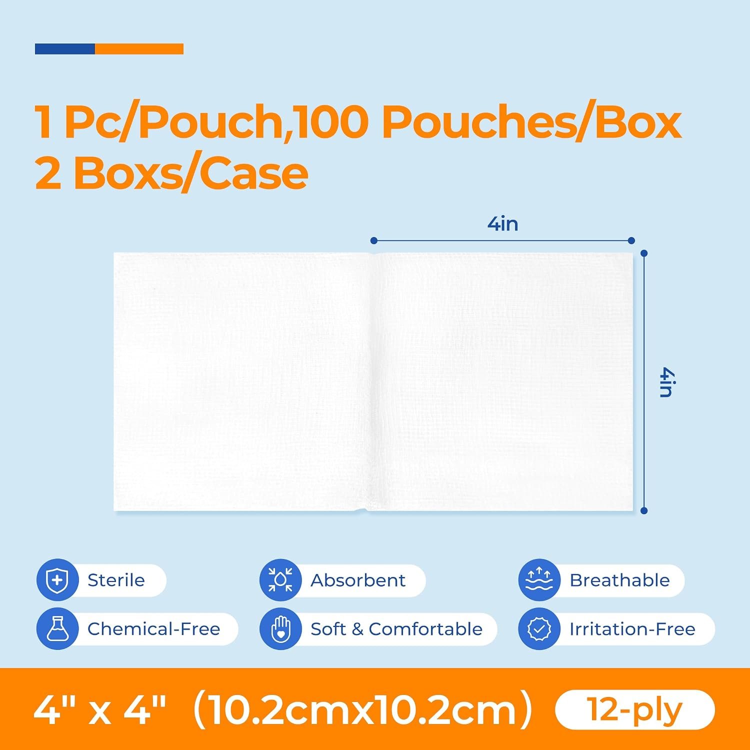 200 Pack Sterile Gauze Pads 4x4 Inch 12-Ply, 100% Cotton Large Gauze Sponges for Wound Care, Highly Absorbent Bulk Hospital-Grade First Aid & Surgical Dressing - Image 3