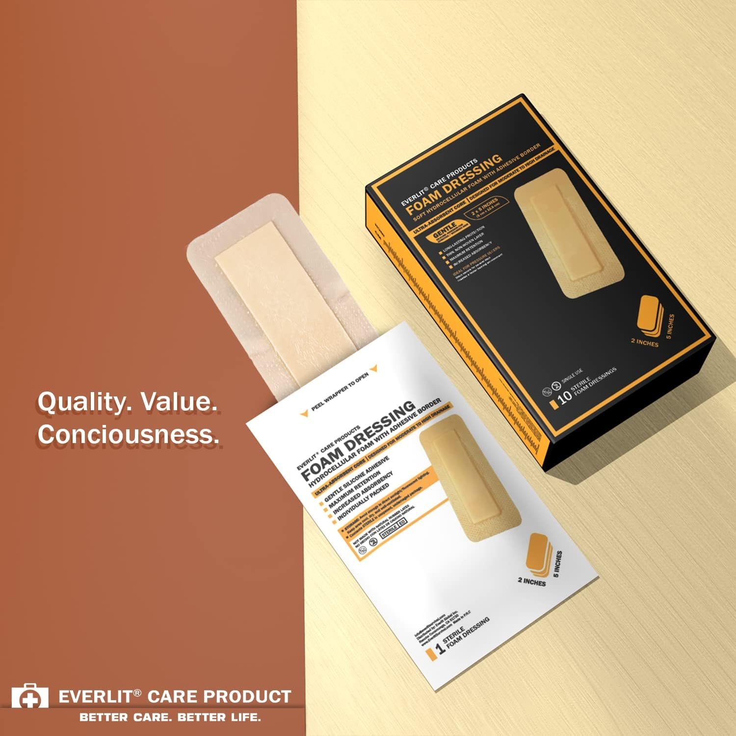EVERLIT Care Silicone Foam Dressing with Adhesive Border | Highly Absorbent Hypoallergenic Bandages for Chronic Wounds, Bed Sores, Pressure Ulcers | Gentle & Secure Adhesion (2" x 5" | 10 Pack) - Image 6
