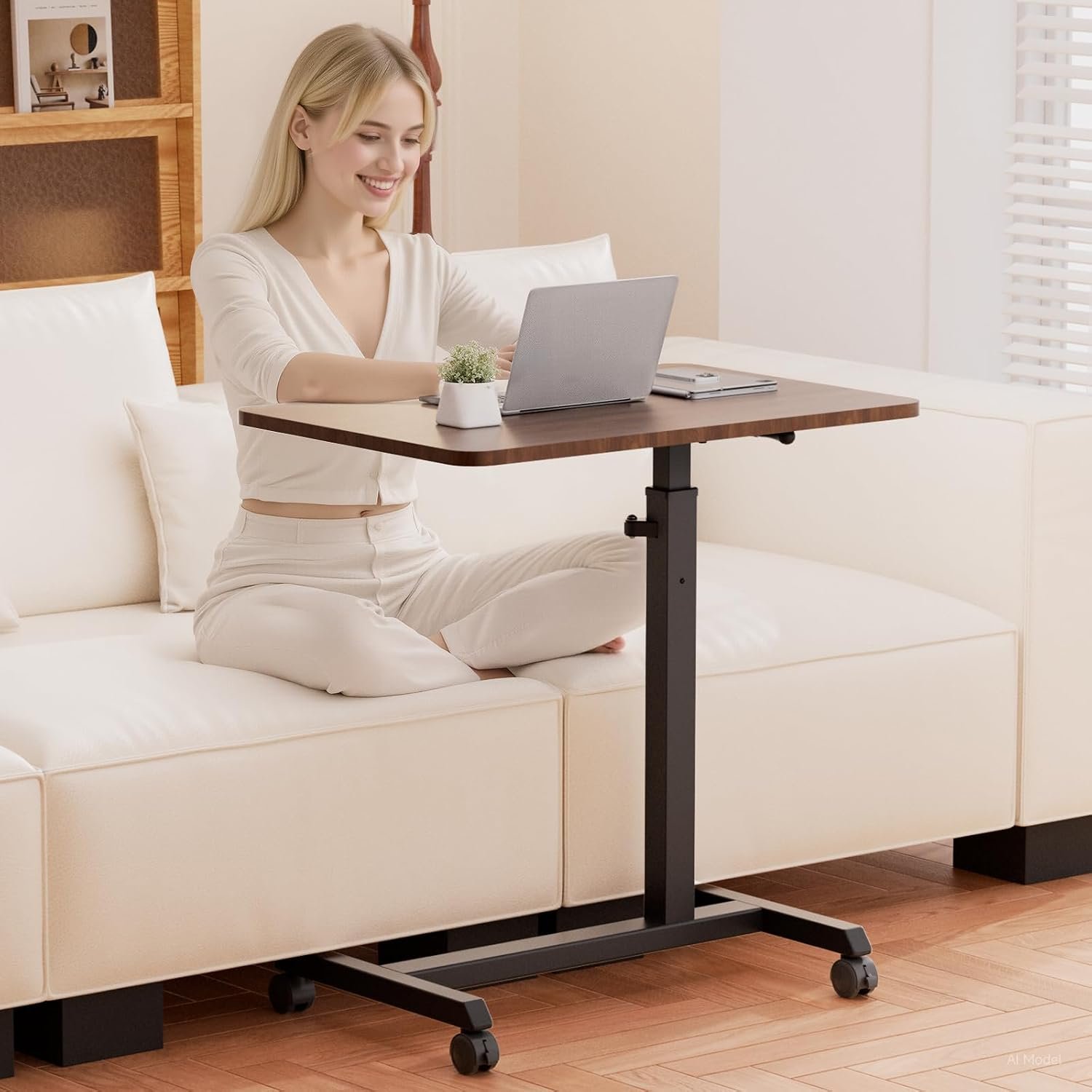 COMHOMA Adjustable Overbed Bedside Table with Lockable Wheels, Foldable Mobile Rolling Laptop Desk, Height Adjustable Standing Desk Bed Table for Hospital and Home Use, Walnut - Image 2