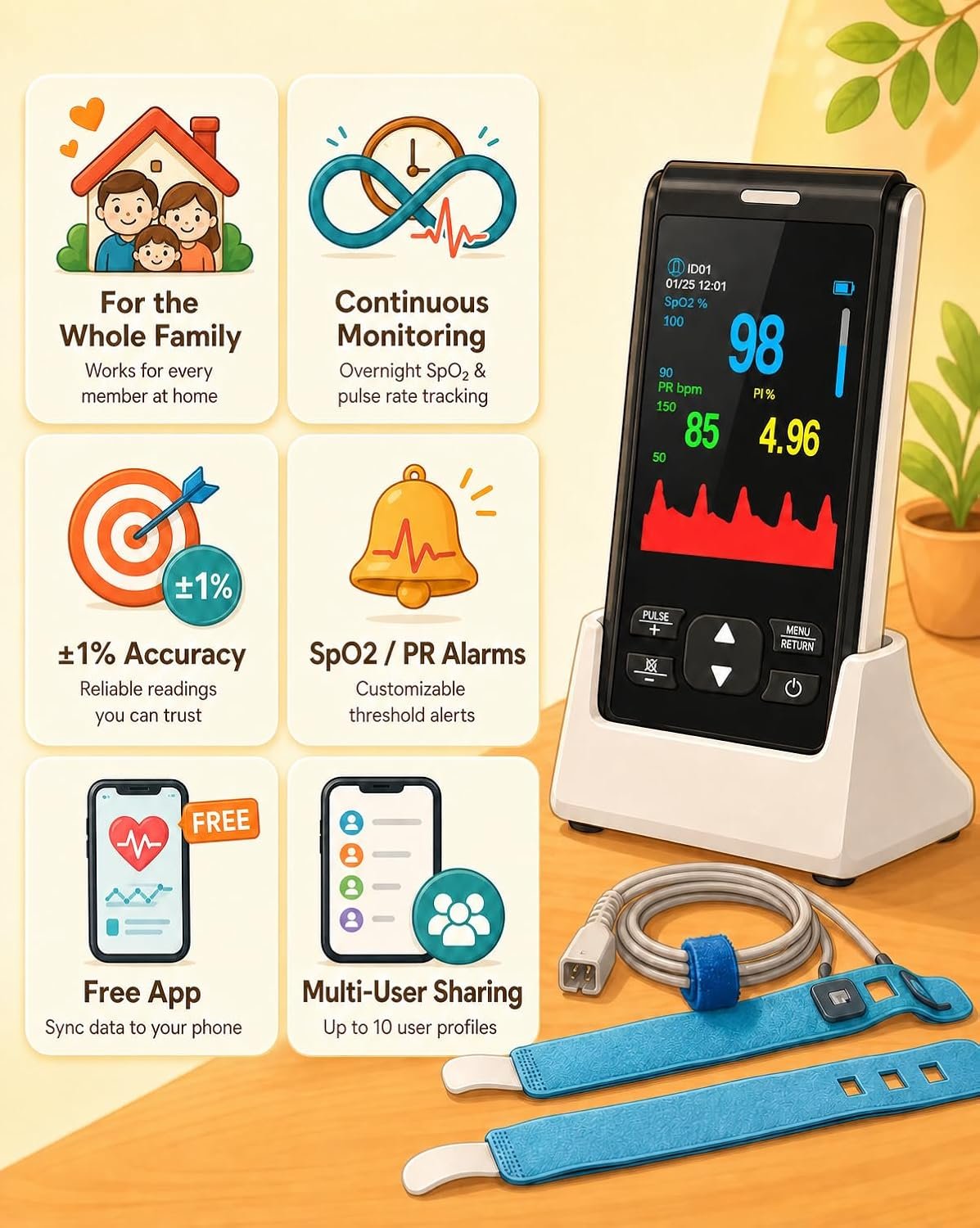 Pulse Oximeter Fingertip Handheld Pulse Oximeter Overnight Blood Oxygen Saturation Monitor for SpO2 and Pulse Rate Continuous Monitoring Monitor & Adult Finger Spot - Image 2
