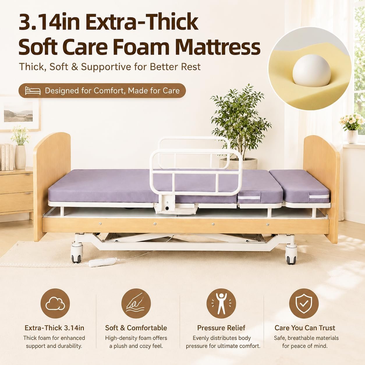 Extra-Wide 43.3" Rotating Electric Hospital Bed for Home Use, 90° Sit-to-Stand Nursing Medical Bed for Seniors & Disabled, Adjustable Height, Backrest & Leg Rest, 550 lbs Capacity, 3.15'' Mattress - Image 7