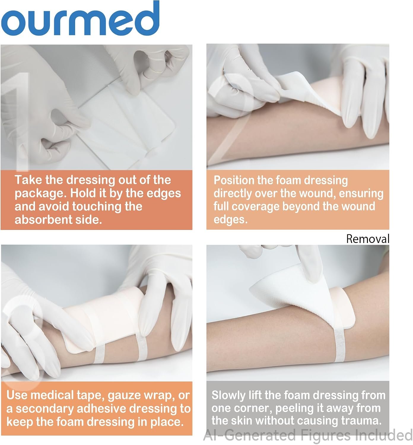 Ourmed Soft Flex Silicone Foam Dressings(4"x 4", Pack of 10), Sterile, Highly Absorbent, Waterproof, No Border, Wound Care for Bed Sores, Pressure Ulcers - Image 8