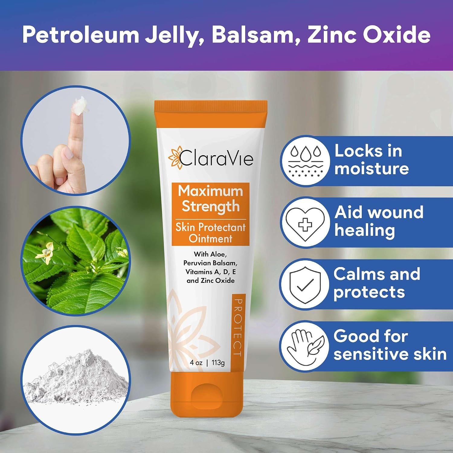 ClaraVie Maximum Strength Moisture Barrier Ointment - 4oz Heat Rash Treatment for Adults - with Aloe, Peruvian Balsam, Vitamins A, D, and E, and Zinc - Image 3
