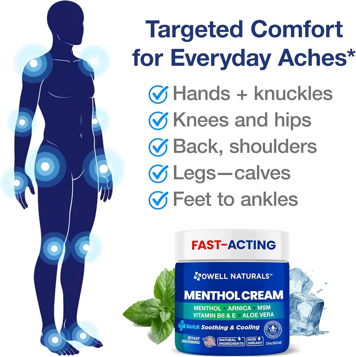 Owell Naturals Extra Strength Cooling Cream – Fast Absorbing Formula with Menthol, Aloe Vera, Arnica, MSM & Vitamin B6 – For Feet, Legs & Hands – Made in USA, 2 fl oz - Image 4