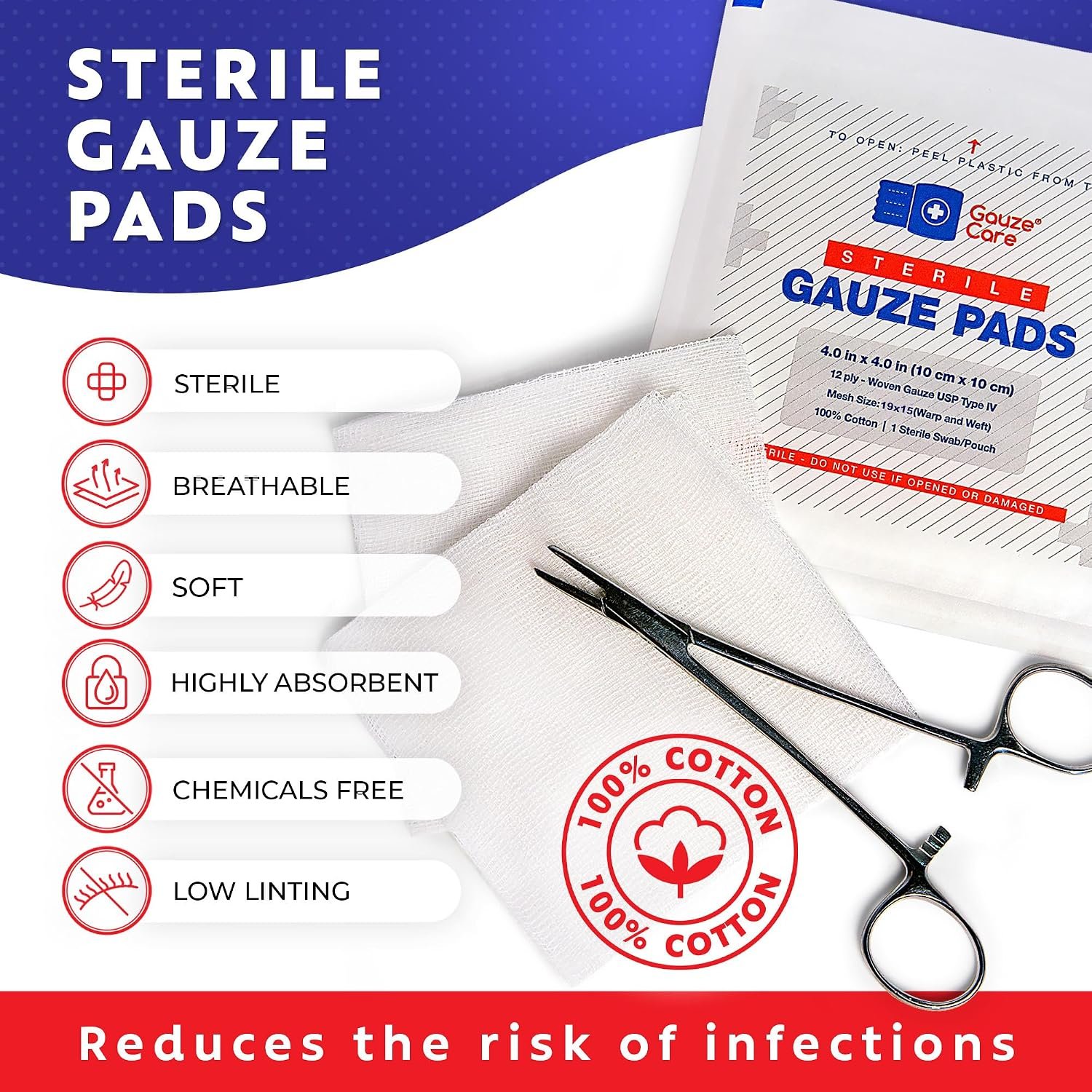 100pc Large Sterile Gauze Pads 4x4 Sterile for Wounds Bulk - 12ply Woven Gauze Sponges - USP IV Breathable Mesh 4x4 Gauze Pads Sterile for Enhanced Absorption - First Aid Medical - Image 2