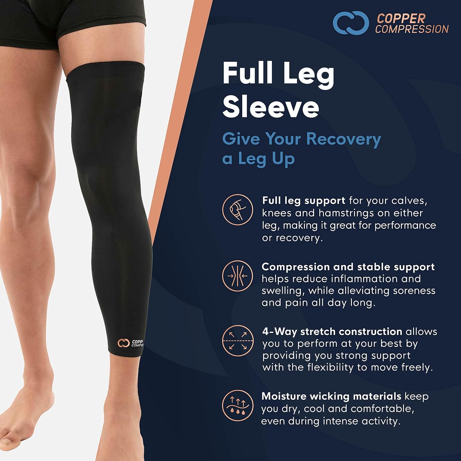 Copper Compression Leg Compression Sleeve - Copper Infused Knee Stabilizer Brace for Running, Meniscus Tear, ACL, MCL, Arthritis, Joint Pain Relief - Thigh & Calf Support for Men & Women - Black - M - Image 3